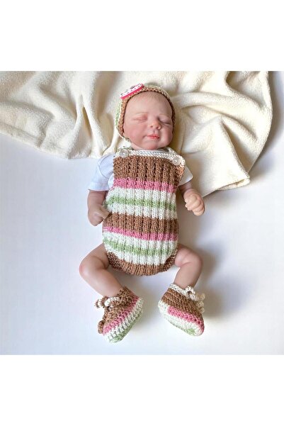 Bebek el örgüsü tulum bandana patik seti 0-9 ay simli ip