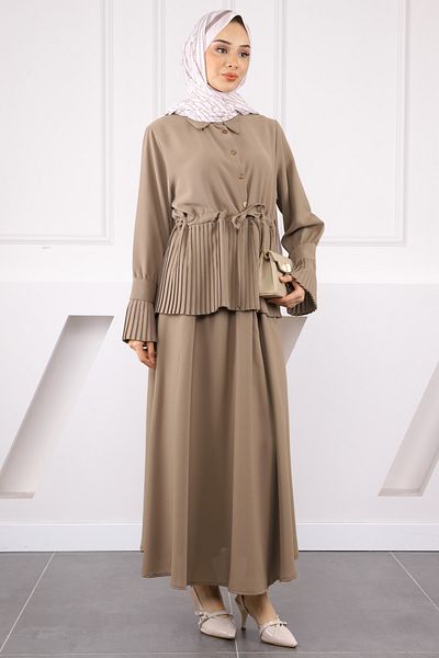 İmajButik Σετ κρεπ πλισέ πουκάμισο βιζόν με φούστα