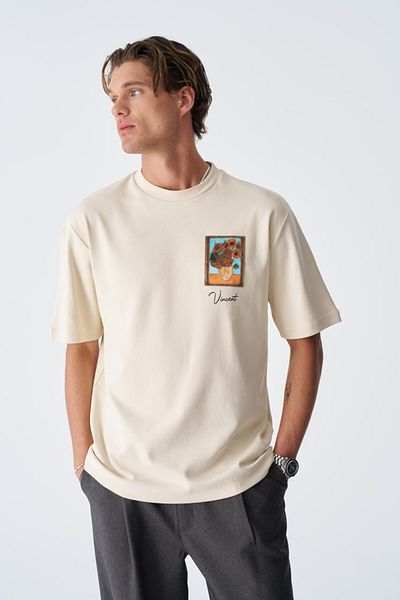 fame-stoned Μπλουζάκι με στάμπα Vincent Van Gogh, Κεντημένο Unisex 100% βαμβακερό εκρού