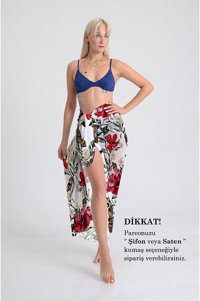 DESENİX Floral and Butterfly Print Pareo - 100X145 cm - Silky Chiffon & Luxury Satin Fabric Option-Beach Dress