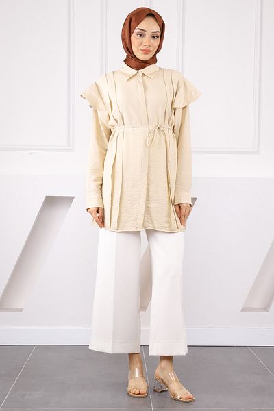 İmajButik Beige Shoulder Detailed Waist Tie Tunic