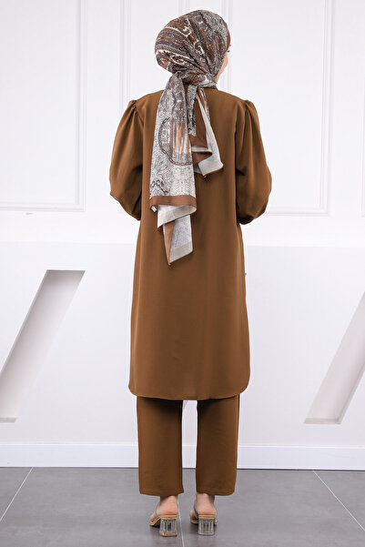 İmajButik Brown Judge Collar Sleeve Ribbed Tunic Pants Suit