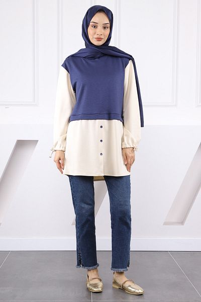 İmajButik Μπλέ μανίκι με δέσιμο φούτερ