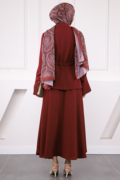 İmajButik Claret Red Pleated Crepe Suit with Shirt Skirt