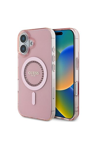 Guess Case for iPhone 16 - Guess IML Rhinestones MagSafe (GUHMP16SPFTDTEP) - Pink
