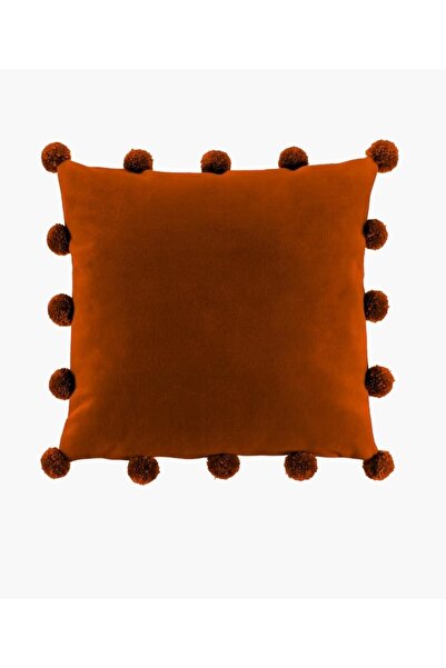 MS Store Büyük Ponponlu Kiremit Rengi Kare Kırlent Kılıfı 45×45 cm Yastık Kıl...
