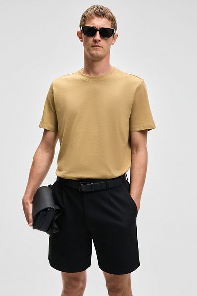 GRIMELANGE Mocassin Men's 100% Cotton Relaxed Fit Round Neck Short Sleeve Light Khaki T-Shirt