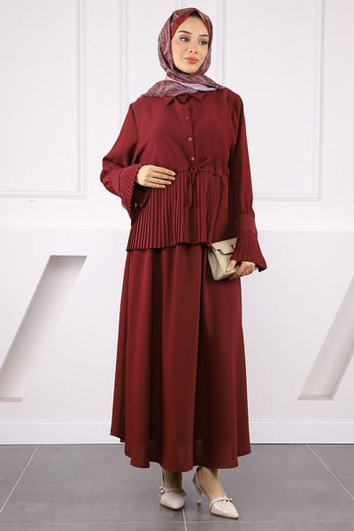 İmajButik Μπορντό Πλισέ Πουκάμισο Φούστα Κρεπ Σετ
