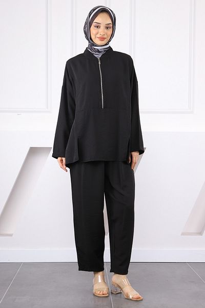 İmajButik Black Collar Zippered Tunic Trousers Suit