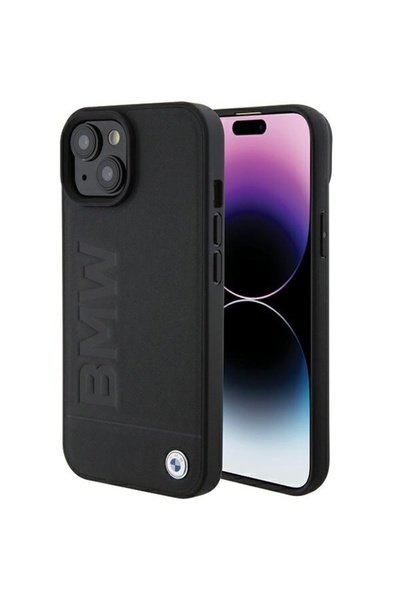 BMW Husă pentru iPhone 15 Plus - BMW Natural MagSafe Leather Hot Stamp (BMHMP15MSLLBK) - Negru