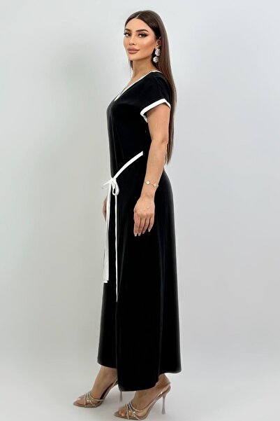 FEVER V yakalı bağlamalı mix elbise