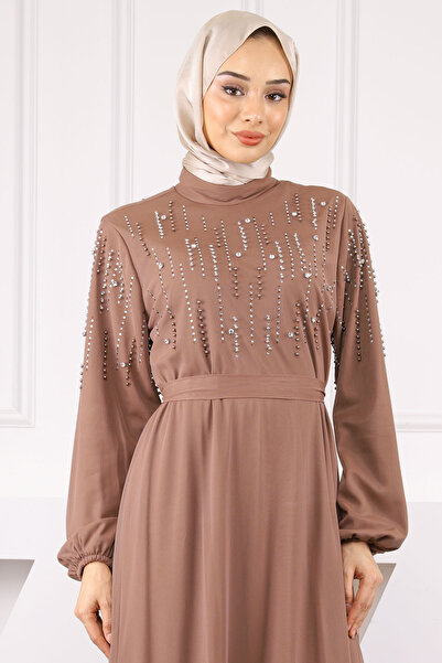 İmajButik Vizon Eteği Fırfırlı Boncuklu Şifon Abiye