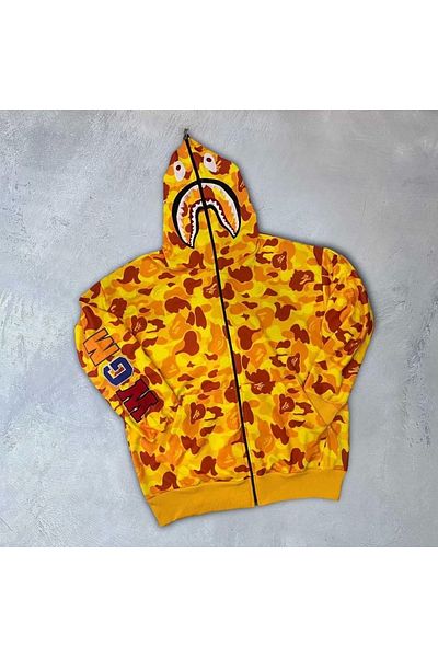 MODA Two Yarn Zip Zipper Embroidered Hooded Cardigan - Yellow