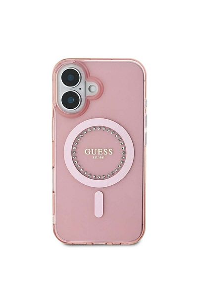 Guess Case for iPhone 16 - Guess IML Rhinestones MagSafe (GUHMP16SPFTDTEP) - Pink