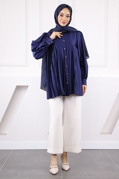 İmajButik Navy Blue Skirt Pleated Satin Tunic