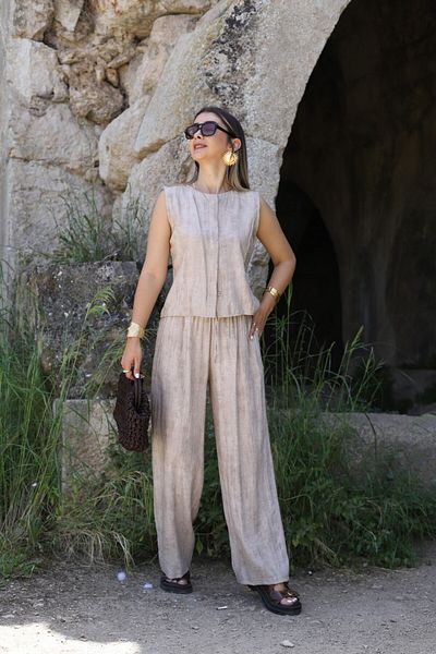 bytugcekaya Beige Crinkle Fabric Buttoned Blouse Pants Set