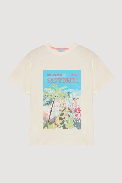 Quzu Santorini Printed Ecru Women's T-Shirt Tsh00345
