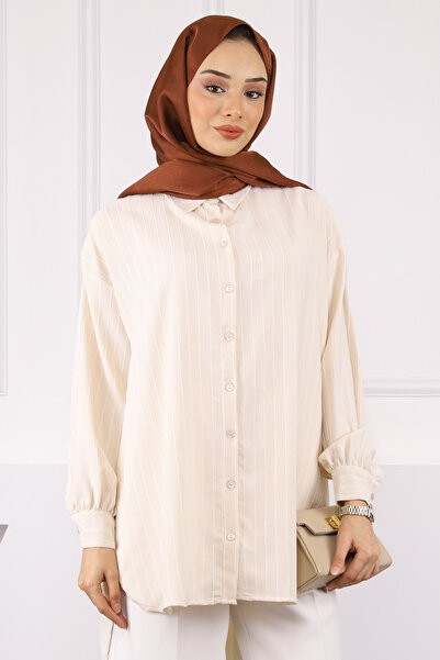 İmajButik Πέτρινο ριγέ casual πουκάμισο