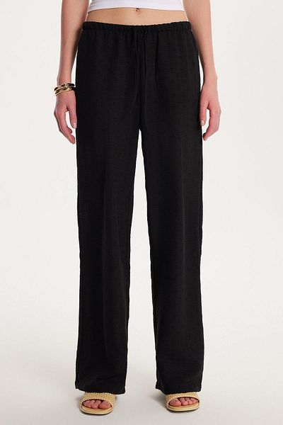 Tudors Women's Relax Fit Elastic Waist Tie Palazzo Wide Leg Black Trousers