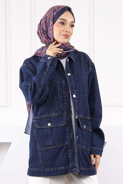 İmajButik Σκούρο μπλε πέτρινο κεντημένο τζιν μπουφάν