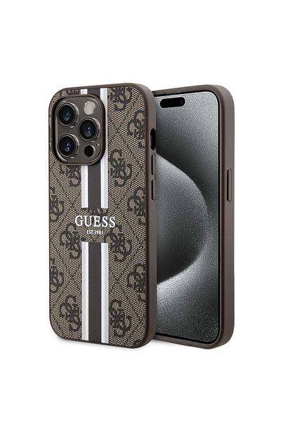 Guess Case for iPhone 15 Pro Max - Guess Hardcase 4G Printed Stripes MagSafe (GUHMP15XP4RPSW) - Brown