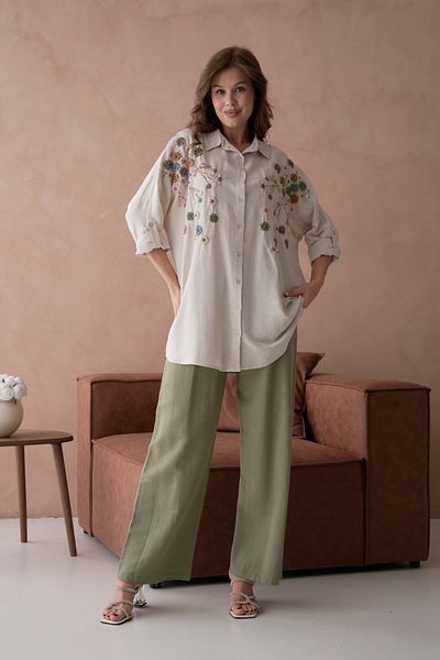 MVStore Women's Floral Print Embroidery Embroidered Linen Oversize Shirt and Pants