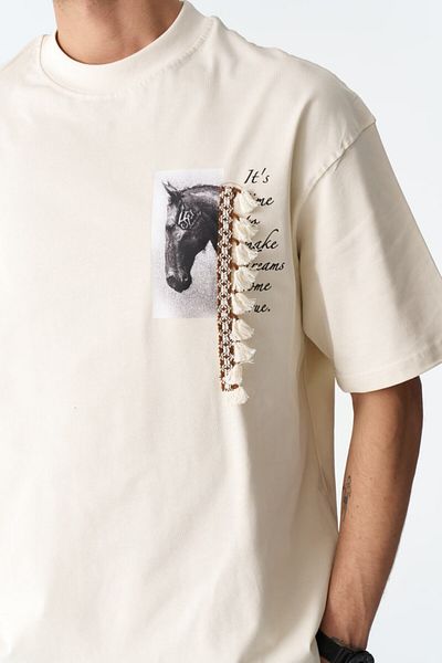 fame-stoned Μπλουζάκι Unisex 100% βαμβακερό εκρού με στάμπα, κέντημα, πλεκτό
