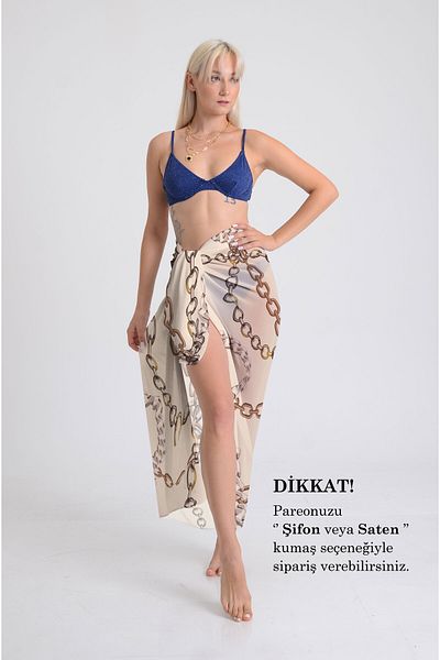 DESENİX Long Chain Print Pareo - 100X145 cm - Silky Chiffon & Luxury Satin Fabric Option - Beach Dress
