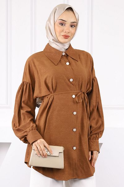 İmajButik Καφέ πουκάμισο με γραβάτα με αυτοσχεδιασμό
