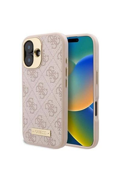 Guess Case for iPhone 16 - Guess Hardcase 4G Logo Plate MagSafe (GUHMP16SU4GPRP) - Pink