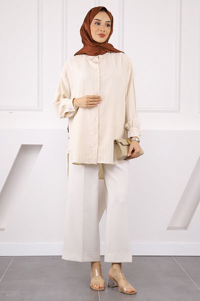 İmajButik Πέτρινο ριγέ casual πουκάμισο