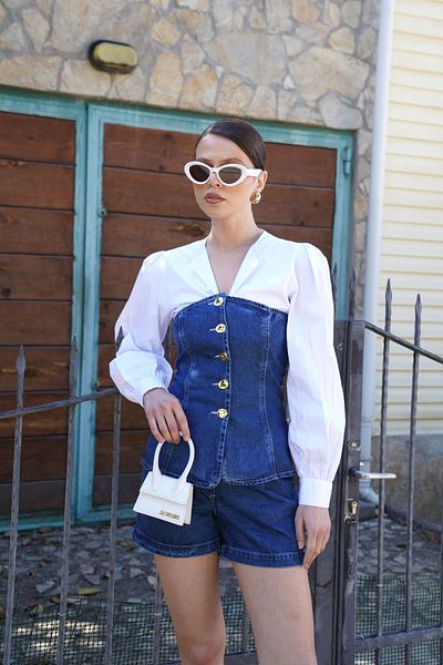 SeninOlsun Blue Strapless Denim Shorts Set