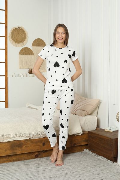 LİLA İÇ GİYİM Pegasus Heart Patterned White Short Sleeve Pajama Set