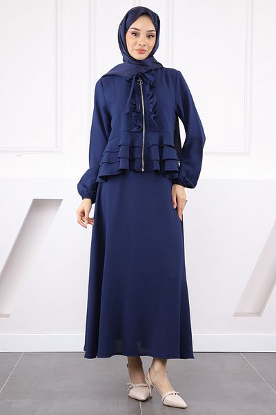İmajButik Σετ κρεπ μπουφάν με φερμουάρ Navy Blue με φούστα