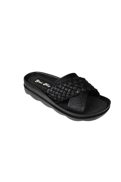 Yaz Kış Ayakkabı Yazkiş Women's Black Skin Cross Knit Flat Sole Slippers