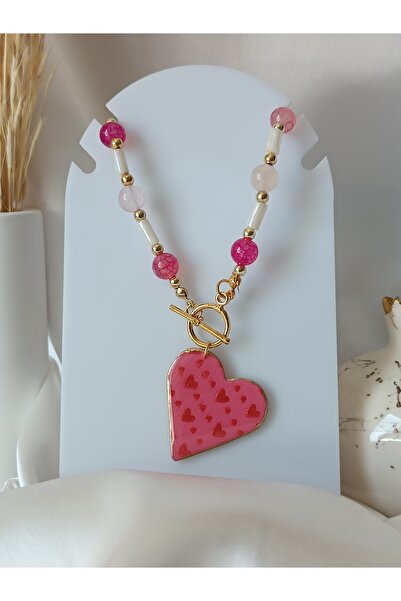La fee aksesuar El Yapımı Polimer Kil Pembe Kalp - Doğal Taş Kolye Pembe Kuva...