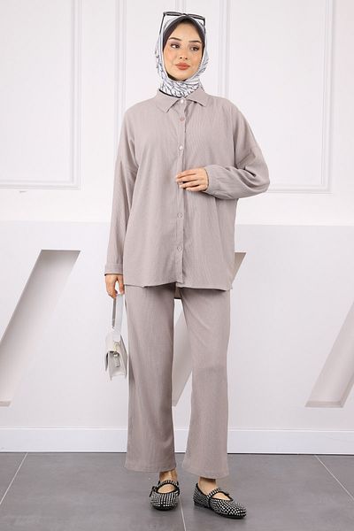 İmajButik Gray Wrinkled Shirt Pants Set