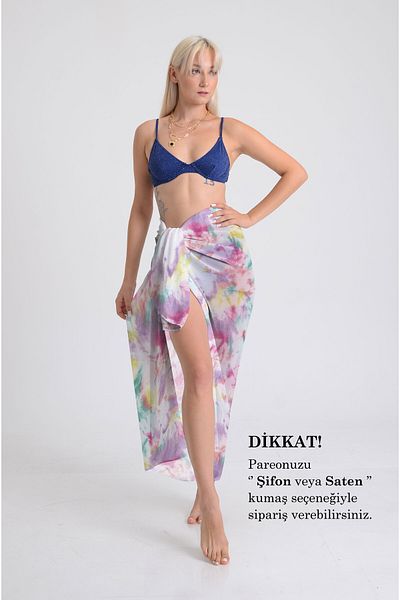 DESENİX Colorful Tie Dye Patterned Pareo - 100X145 cm - Silky Chiffon & Luxury Satin Fabric Option - Beach Dress
