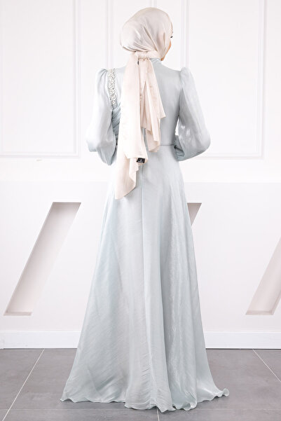 İmajButik Mint Taşlı Drapeli Şifon Abiye