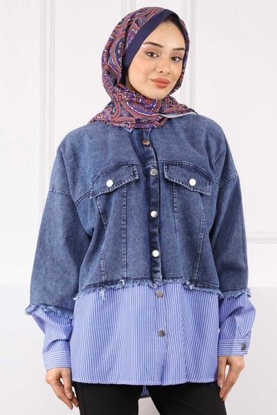 İmajButik سترة جينز مزينة بقميص أزرق داكن