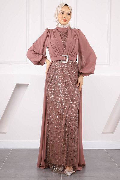İmajButik Βραδινό φόρεμα σιφόν με χάντρες Dark Mink