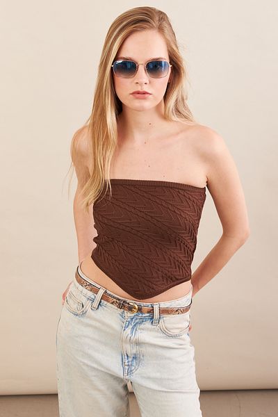 Cool & Sexy Γυναικεία Καφέ Στράπλες Πλεκτή Μπλούζα Crop ZH049