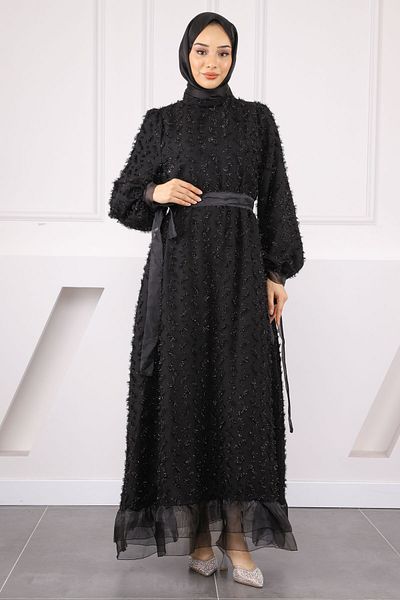 İmajButik Βραδινό φόρεμα με μαύρο μανίκι με ζώνη