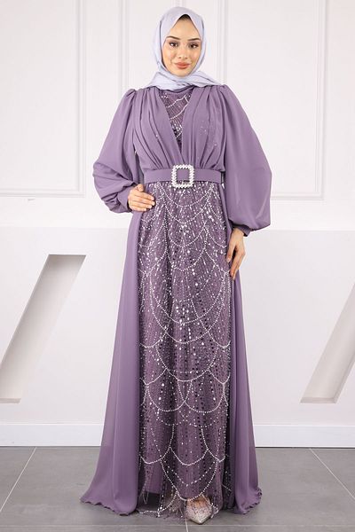 İmajButik Βραδινό φόρεμα σιφόν με λιλά χάντρες