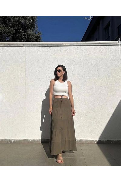Ecenin Favorileri Lined Khaki Layered Long Skirt