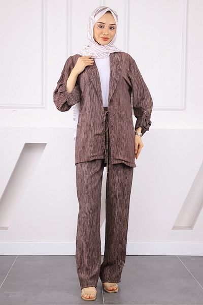 İmajButik Σετ παντελόνι κιμονό με κορδόνι μπροστά Mink