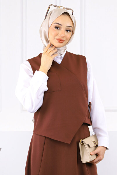 İmajButik Brown Single Pocket Vest Skirt Suit