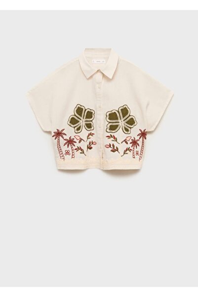 MANGO Kids Flower Embroidered Linen Shirt