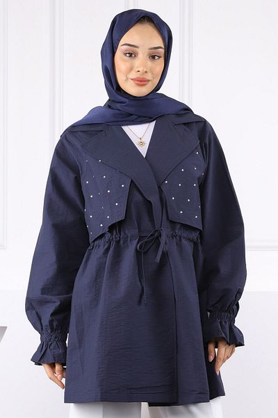 İmajButik Μπουφάν με διπλό γιακά Navy Blue με πέτρες μπροστά
