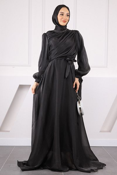 İmajButik Βραδινό φόρεμα σιφόν με μαύρο μανίκι με μπαλόνι